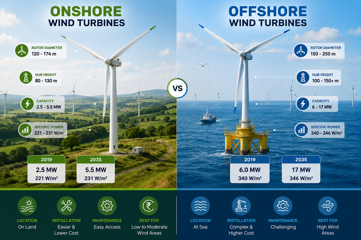 Onshore and offshore wind energy comparison